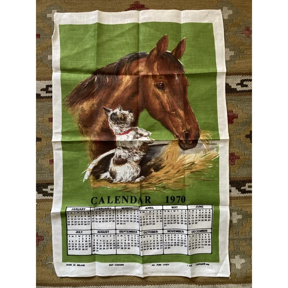 Vintage unused linen tea calendar towel Lamont Ireland 1970 horse and dog green